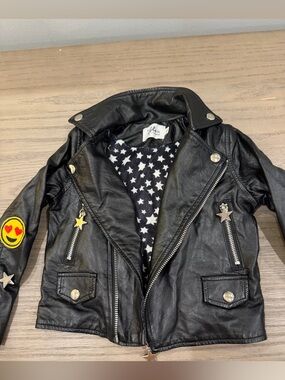 Lola + The Boys Black Faux Leather Biker Jacket with Star Lining and Emoji Patch
